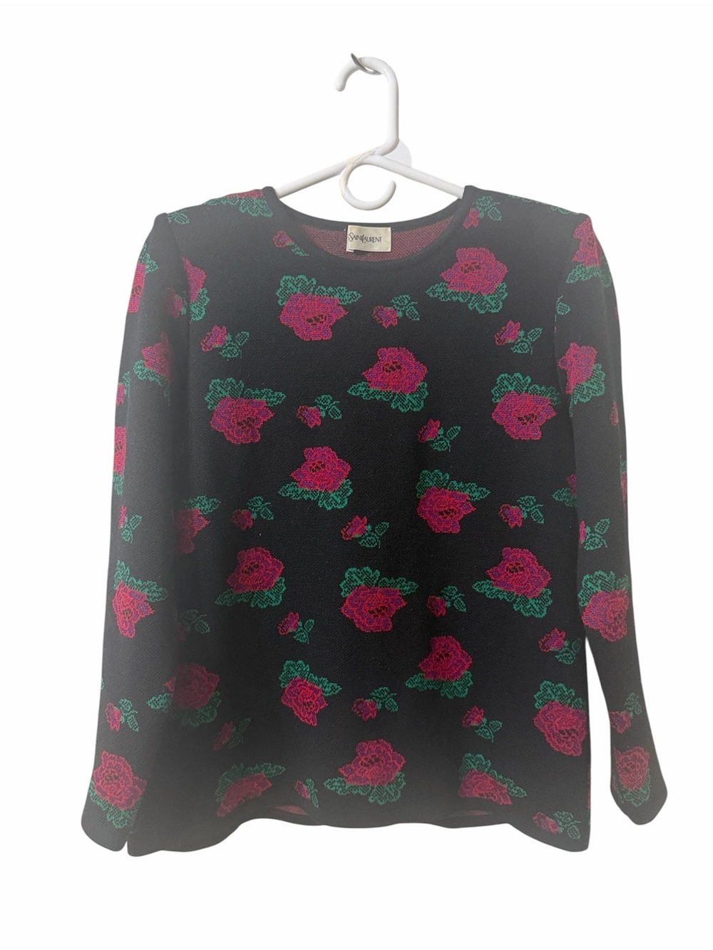 Yves Saint LaurentCrew Neck Flower Print Vintage Knit Pull over Sweater(Size Med